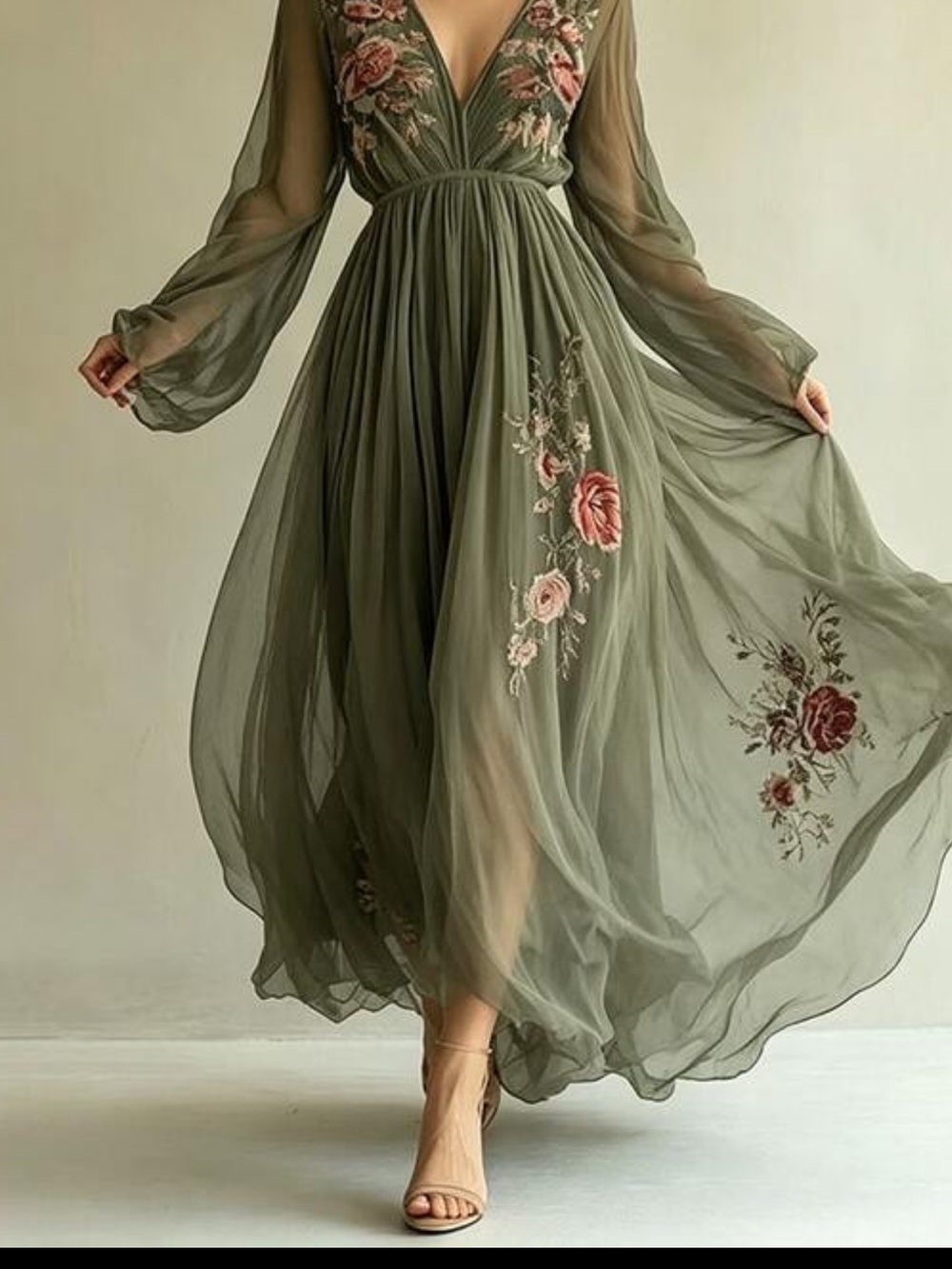 Olive Green Floral Print Chiffon Maxi Dress